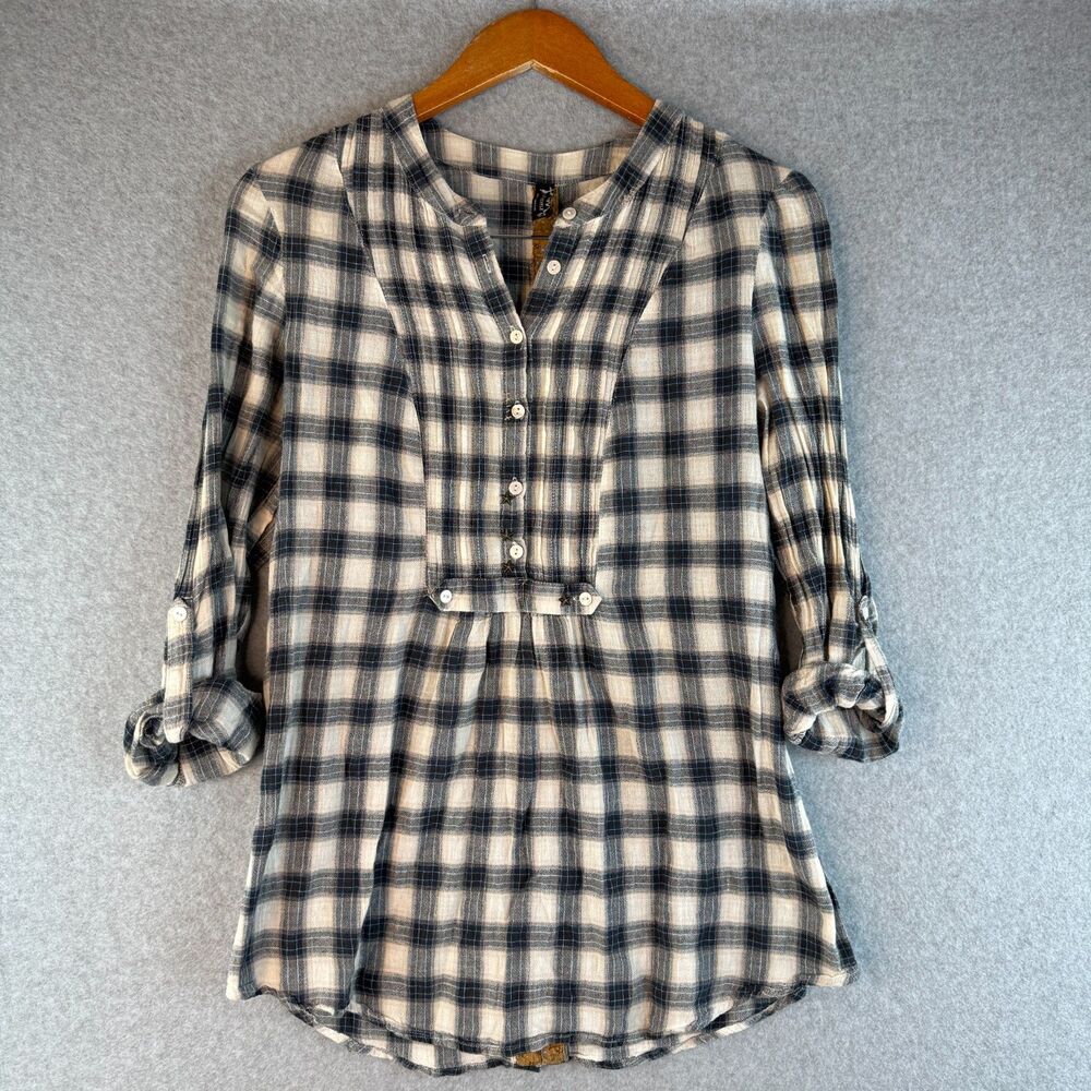 Free People Roll Up Tab Sleeve Black/White Flannel 100% Cotton Boho Lagenlook M